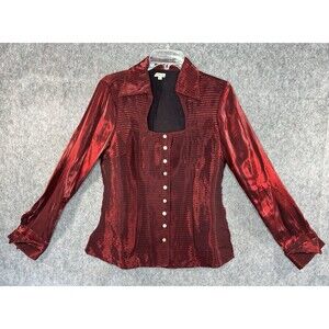 Agora Red Elegant Pleats Buttons Size M Long Sleeve Shiny Satin Blouse Top